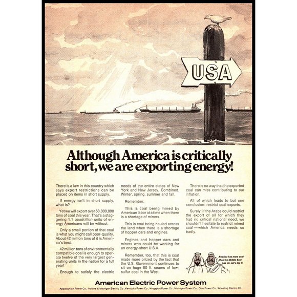 1974 American Electric Power System Vintage Print Ad Coal Export Energy Crisis - Picture 1 of 1